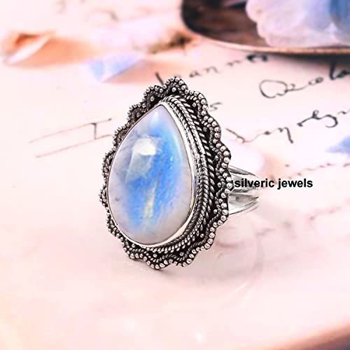 Queen look rainbow moonstone Bohemian gemstone ring 925 sterling silver ring band Women silver jewelry (9)