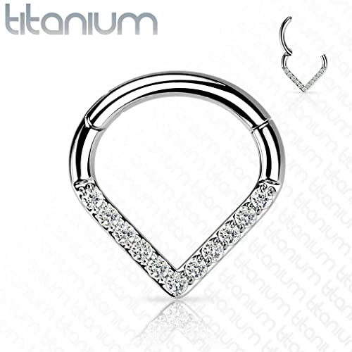 16G 5/16" IMPLANT GRADE TITANIUM CZ TEAR DROP CHEVRON NOSE SEPTUM HINGED CLICKER Style 88888-1820