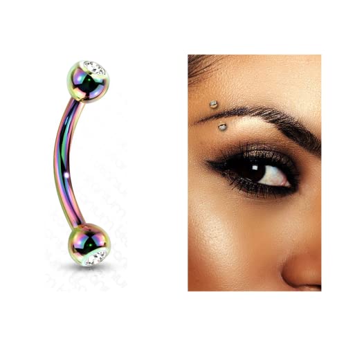 PAIR 16G 3/8" RAINBOW TITANIUM STEEL DOUBLE CZ GEM CURVED BARBELL EYEBROW RING Style 88888-1031