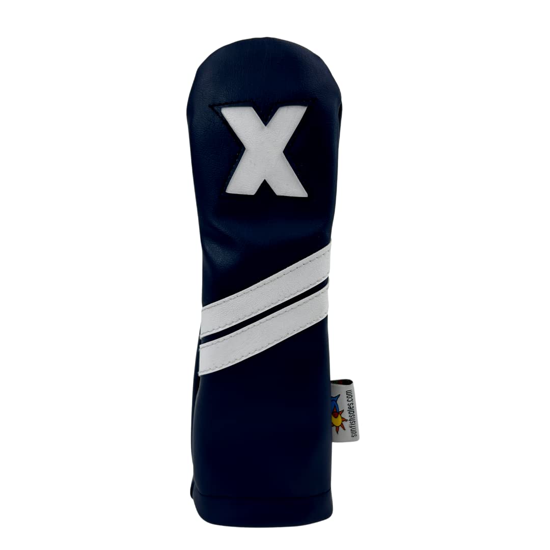 Navy Blue and White Sunfish Leather Golf Headcover Set 1-3-X Driver Fairway Hybrid