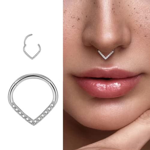 16G 5/16" IMPLANT GRADE TITANIUM CZ TEAR DROP CHEVRON NOSE SEPTUM HINGED CLICKER Style 88888-1820