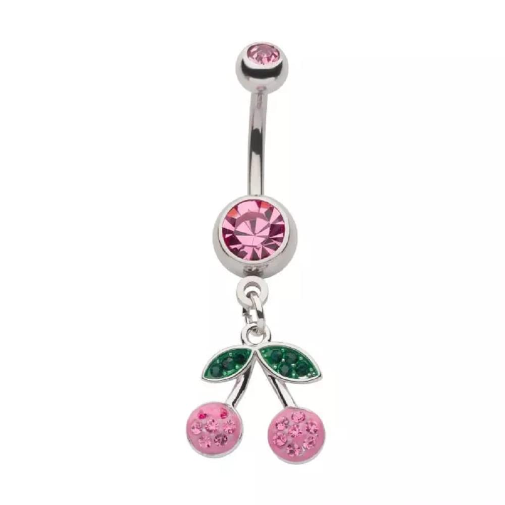 Pierced Owl 14GA 316L Stainless Steel CZ Crystal Pink Cherry Dangling Belly Button Ring