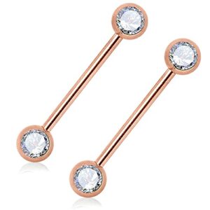 pair 14g 9/16" rose gold double cz steel nipplering piercing barbell nipple ring style 88888-1371