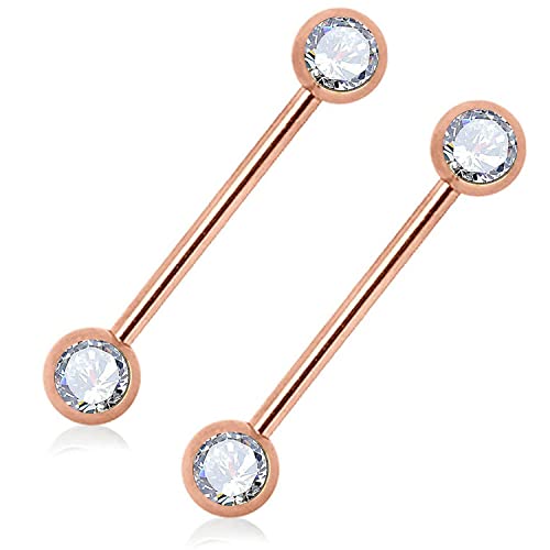 PAIR 14G 9/16" ROSE GOLD DOUBLE CZ STEEL NIPPLERING PIERCING BARBELL NIPPLE RING Style 88888-1371