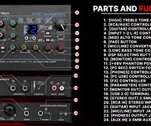 Pyle Professional USB Audio Interface with MIC/LINE, Guitar, AUX Stereo and RCA Inputs, Phone/Stereo/Monitor Outputs, Ideal for Computer Playing & Recording, Preset 24 Digital Effects - PMUX9