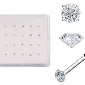 20 PC Box Sterling 925 Silver Prong Set Clear CZ Gem Nose Bone Stud Ring 22G Style 88888-1868