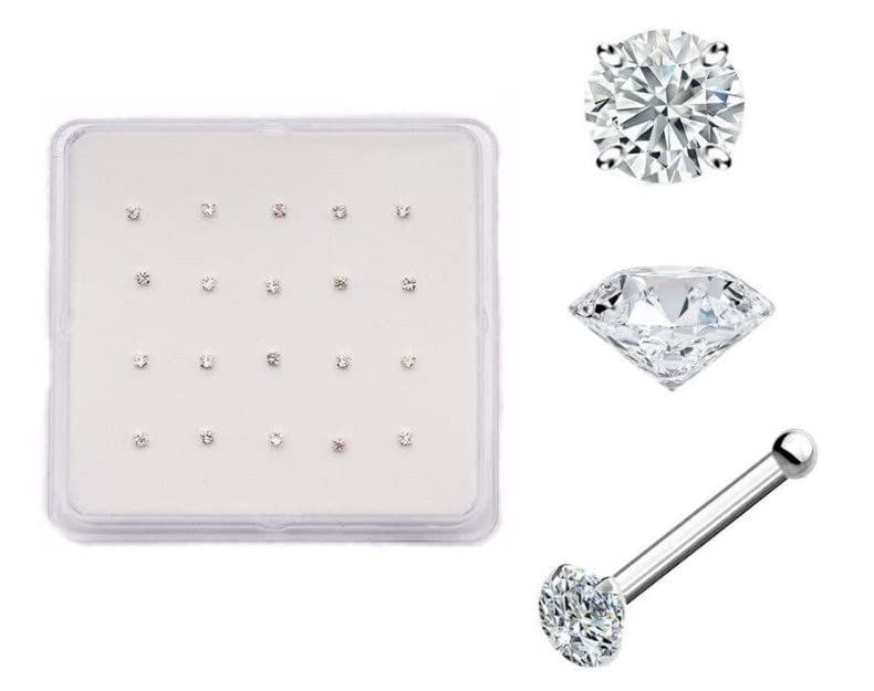 20 PC Box Sterling 925 Silver Prong Set Clear CZ Gem Nose Bone Stud Ring 22G Style 88888-1868