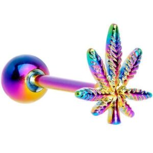 14G RAINBOW POT LEAF MARIJUANA HEMP STEEL TONGUE RING BODY PIERCING BARBELL Style 88888-597