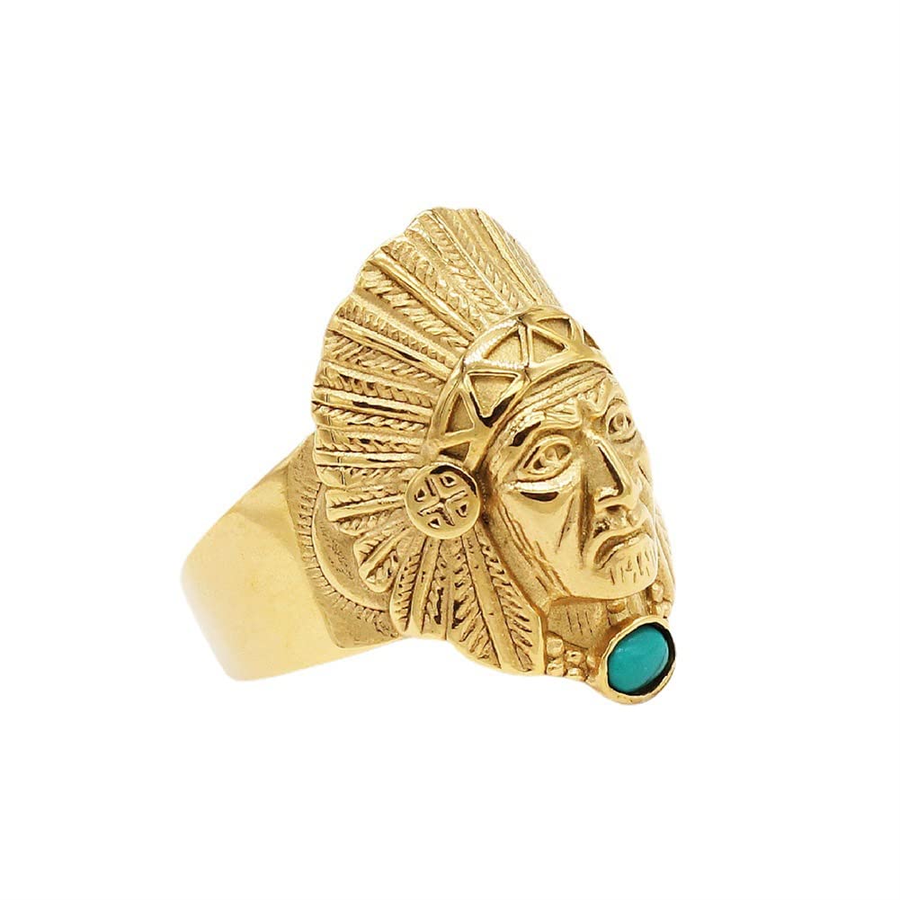 HIJONES Unisex Stainless Steel Indian Chief Tribe Ring with Green Stone Small Gold Size 12