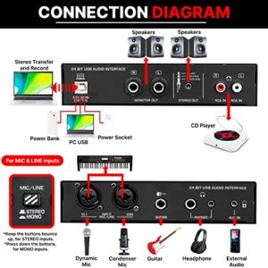 Pyle Professional USB Audio Interface with MIC/LINE, Guitar, AUX Stereo and RCA Inputs, Phone/Stereo/Monitor Outputs, Ideal for Computer Playing & Recording, Preset 24 Digital Effects - PMUX9