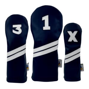 Navy Blue and White Sunfish Leather Golf Headcover Set 1-3-X Driver Fairway Hybrid