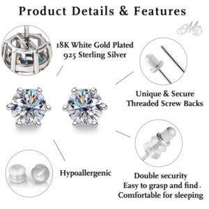 Moissanite Stud Earrings/No Poke Screw Back / 6 Prong / 4 CT / 8 MM/White Gold Vermeil/Colorless Flawless Lab Grown Diamond/Hypoallergenic/GRA Engraved/Gift Set