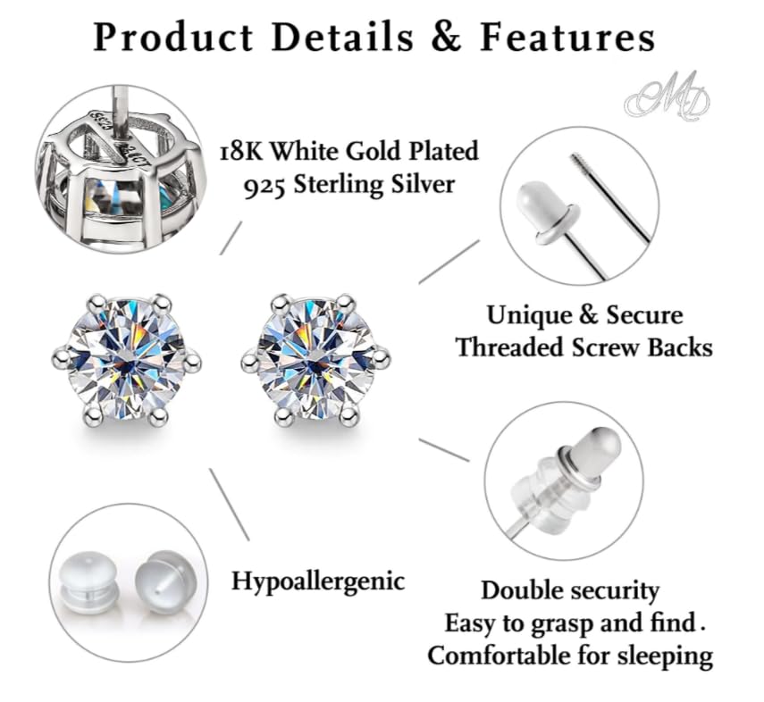 Moissanite Stud Earrings/No Poke Screw Back / 6 Prong / 4 CT / 8 MM/White Gold Vermeil/Colorless Flawless Lab Grown Diamond/Hypoallergenic/GRA Engraved/Gift Set