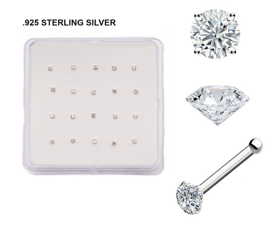 20 PC Box Sterling 925 Silver Prong Set Clear CZ Gem Nose Bone Stud Ring 22G Style 88888-1868