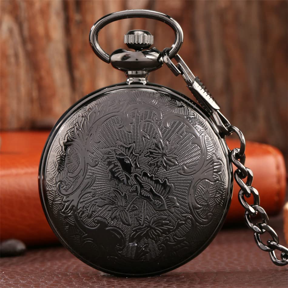 Whodoit Black Shiny Arabic Numeral Men's Quartz Pocket Watch, Pocket Watches Gift Quartz Movement for Men with Chain-Black