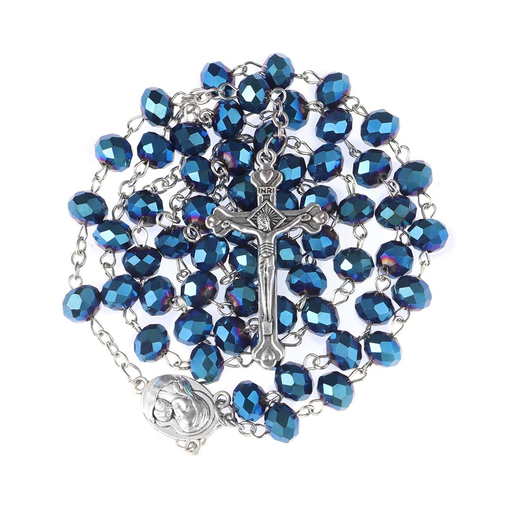 WHLHMK Rosary Beads Catholic for Women With Rosary Box, Blue Crystal Beads Rosary Necklace with Last Supper Vintage Jewelry Box, Anglican Prayer Beads Christian Gifts for Women Catholic Gifts