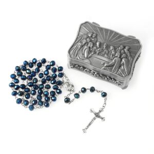 WHLHMK Rosary Beads Catholic for Women With Rosary Box, Blue Crystal Beads Rosary Necklace with Last Supper Vintage Jewelry Box, Anglican Prayer Beads Christian Gifts for Women Catholic Gifts