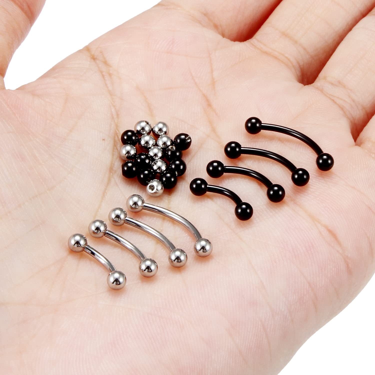 Dyknasz 8Pcs 16G Eyebrow Piercing Jewelry Stainless Steel Vertical Labret Lip Jewelry Curved Barbell Rook Piercing Jewelry Belly Button Ring for Women Men