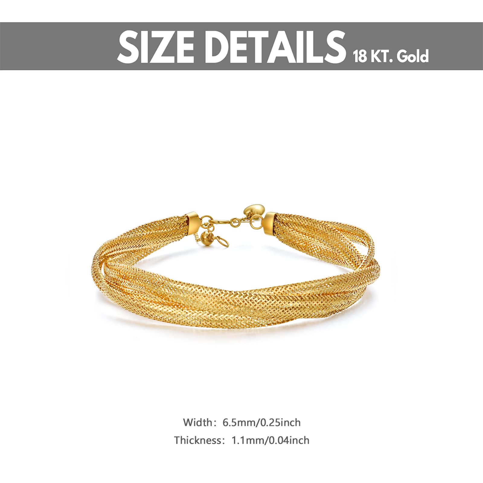 18K Solid Gold Braided Bracelet for Women, Yellow Gold High Luster Braided Herringbone Link Chain Bracelet Jewelry Gift for Wife Mom Girlfriend 8inch