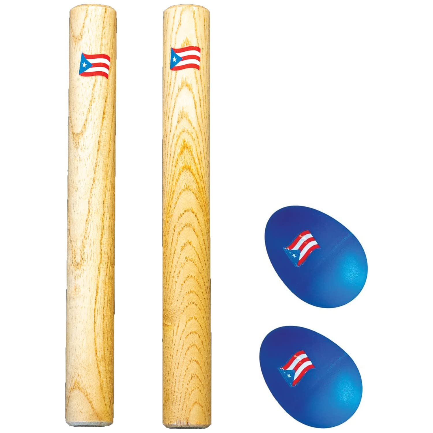 Hand Percussion Musical Instrument Set Puerto Rico Flag - Include: 1 Pair 8 Inch Rhythm Sticks Wood Claves and 1 Pair Egg Shakers (Blue),(5D2-2)