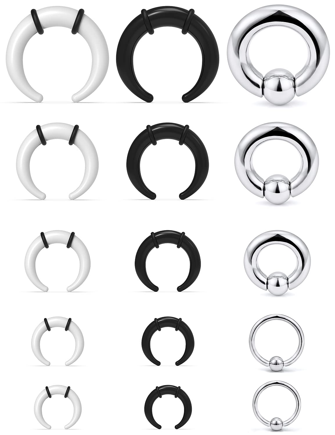 Lcolyoli Large Septum Rings 14G 12G 8G 6G 4G PA Ring Spring Action Captive Bead Ring Stainless Steel & Acrylic Pincher Tapers C Shape Buffalo Stretcher Expander for Women Men