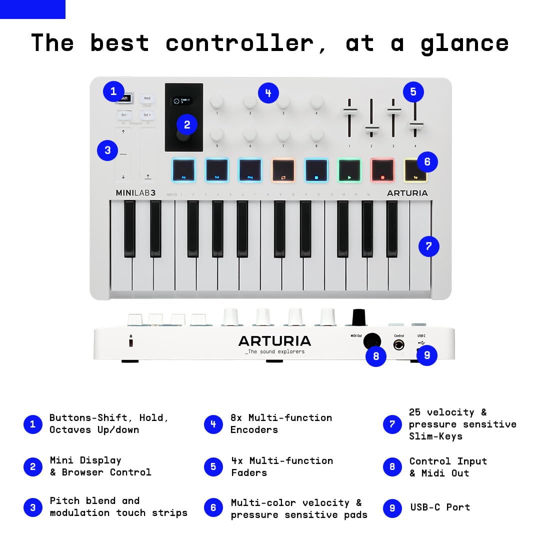 Arturia MiniLab 3 - Universal MIDI Controller for Music Production, with All-in-One Software Package - 25 Keys, 8 Multi-Color Pads - White