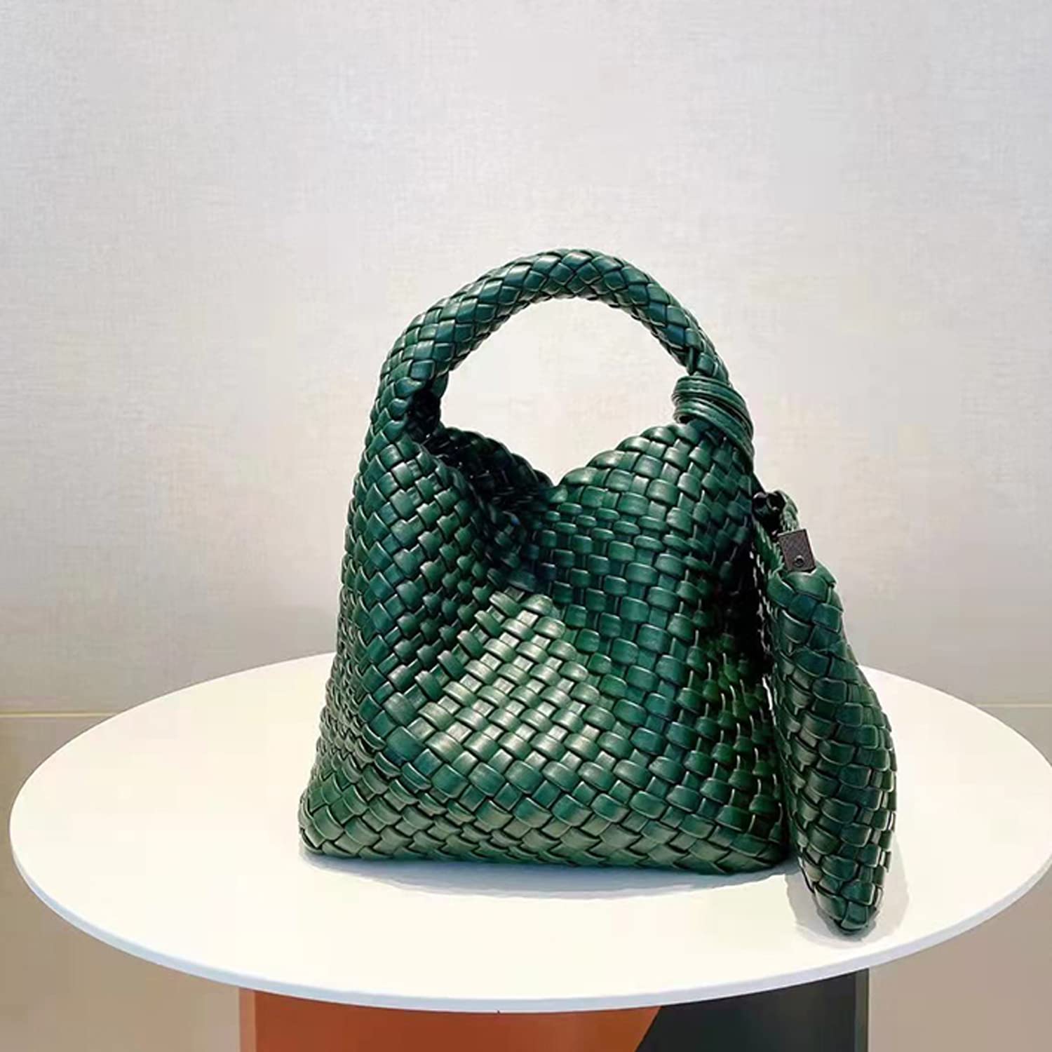 Handmade Woven Shoulder Bags for Women Cute Hobo Tote Handbag Mini Clutch Purse with Magnetic Buckle Crossbody Phone Bag (Dark Green)