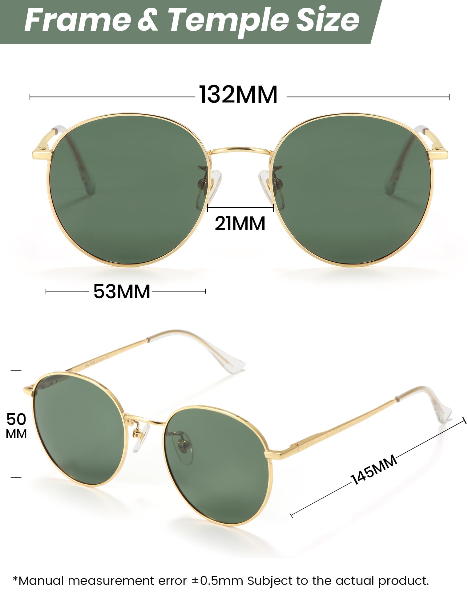 Veda Tinda Vision Vintage Small Round Polarized Sunglasses Classic Retro Circle Green Lens Sun Glasses For Women Men UV400 Protection With Sunglasses Chain C14S17