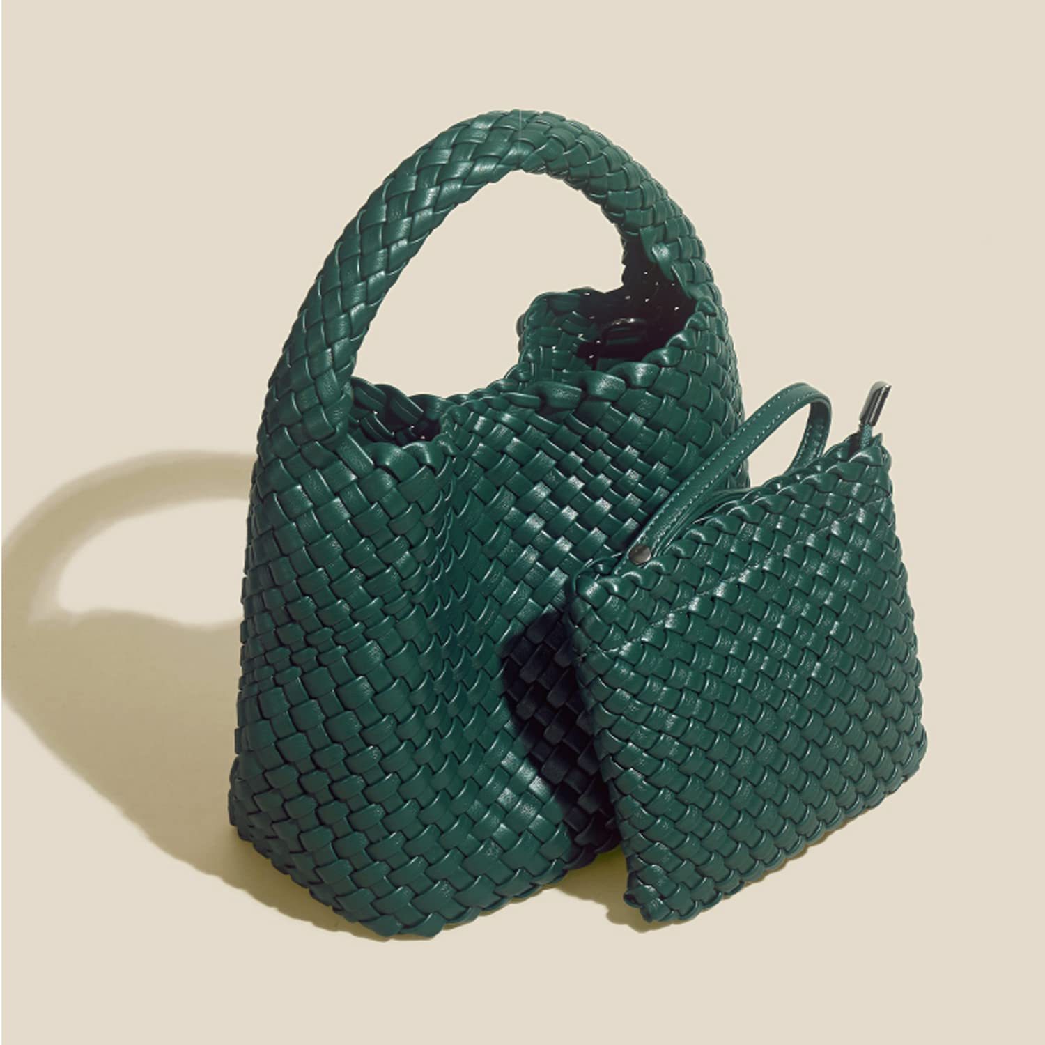 Handmade Woven Shoulder Bags for Women Cute Hobo Tote Handbag Mini Clutch Purse with Magnetic Buckle Crossbody Phone Bag (Dark Green)