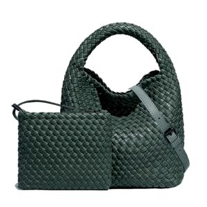 handmade woven shoulder bags for women cute hobo tote handbag mini clutch purse with magnetic buckle crossbody phone bag (dark green)