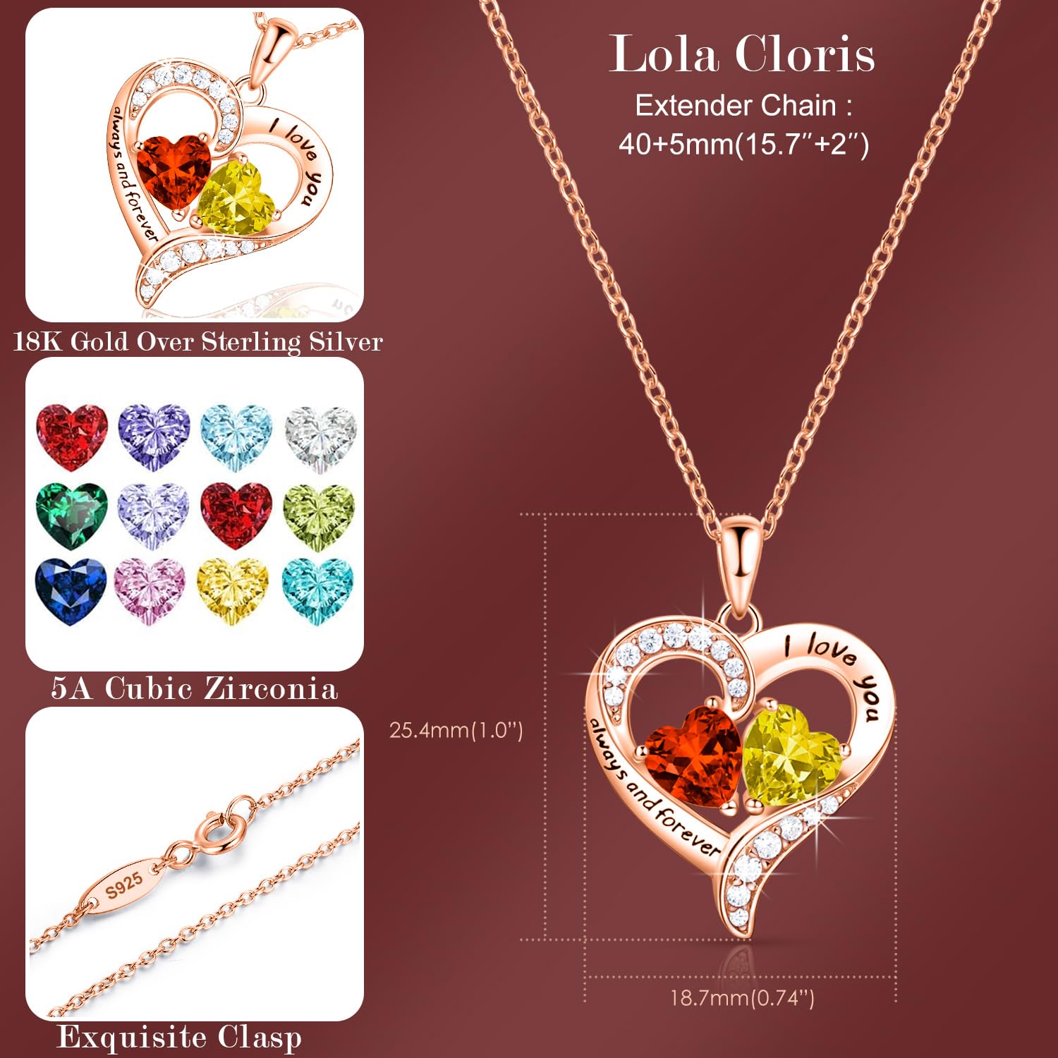 18K Rose Gold Heart Necklace, Birthstone Necklace Jewelry for Women with 2 Birthstones, Customized Gifts for Women Mom Wife Grandma Sister Friend, I Love You Always and Forever, Gold, Cubic Zirconia