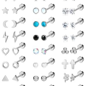 BSJ4U 24 Pairs Stainless Steel Stud Earrings Set for Women Men CZ Heart Butterfly Triangle Cross Circle Bar Moon Star Hypoallergenic Flat Back Earrings 20G Cartilage Helix Earrings Piercing Jewelry,