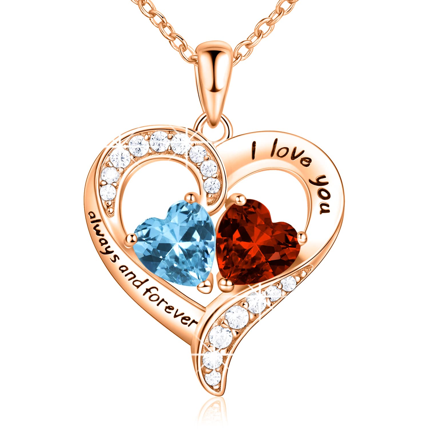 18K Rose Gold Heart Necklace, Birthstone Necklace Jewelry for Women with 2 Birthstones, Customized Gifts for Women Mom Wife Grandma Sister Friend, I Love You Always and Forever, Gold, Cubic Zirconia