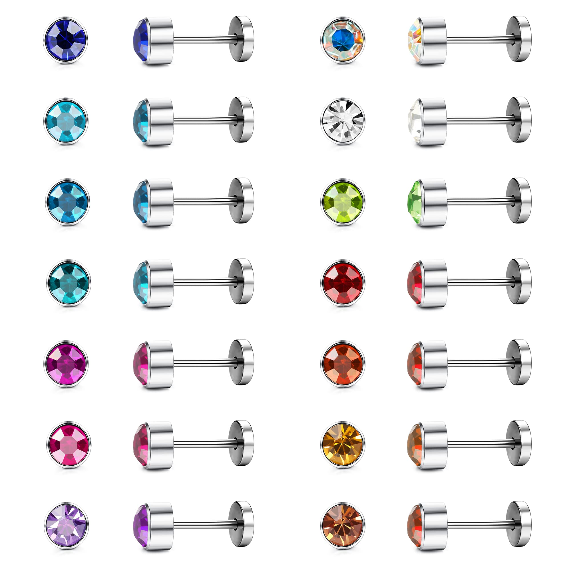 LOYALLOOK 14Pairs Stainless Steel CZ Stud Earrings for Women Men Multicolor Cubic Zirconia Flatback Earrings Pave Crystal Disco Ball Earrings with Flatback Cartilage Helix Earrings Set 20G Style A