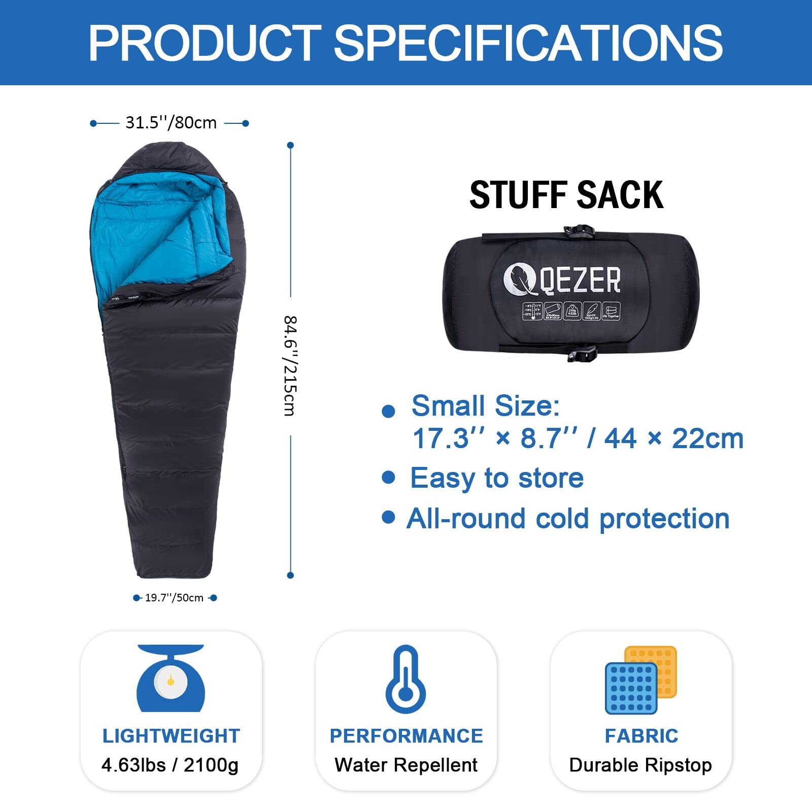 QEZER 0 Degree Sleeping Bag 650 FP Down Sleeping Bag for Adults Backpacking Sleeping Bag with Compression Sack