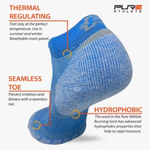 Pure Athlete Merino Wool Socks - Low Show Cushioned Athletic Padded Running Sock (3 Pairs - Sky Blue, X-Large)