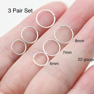 3 Pairs Handmade 925 Sterling Silver Nose Ring Hoop Small Hoop Earrings set for Cartilage Tragus Helix Multiple Piercing Jewelry 6mm 7mm 8mm