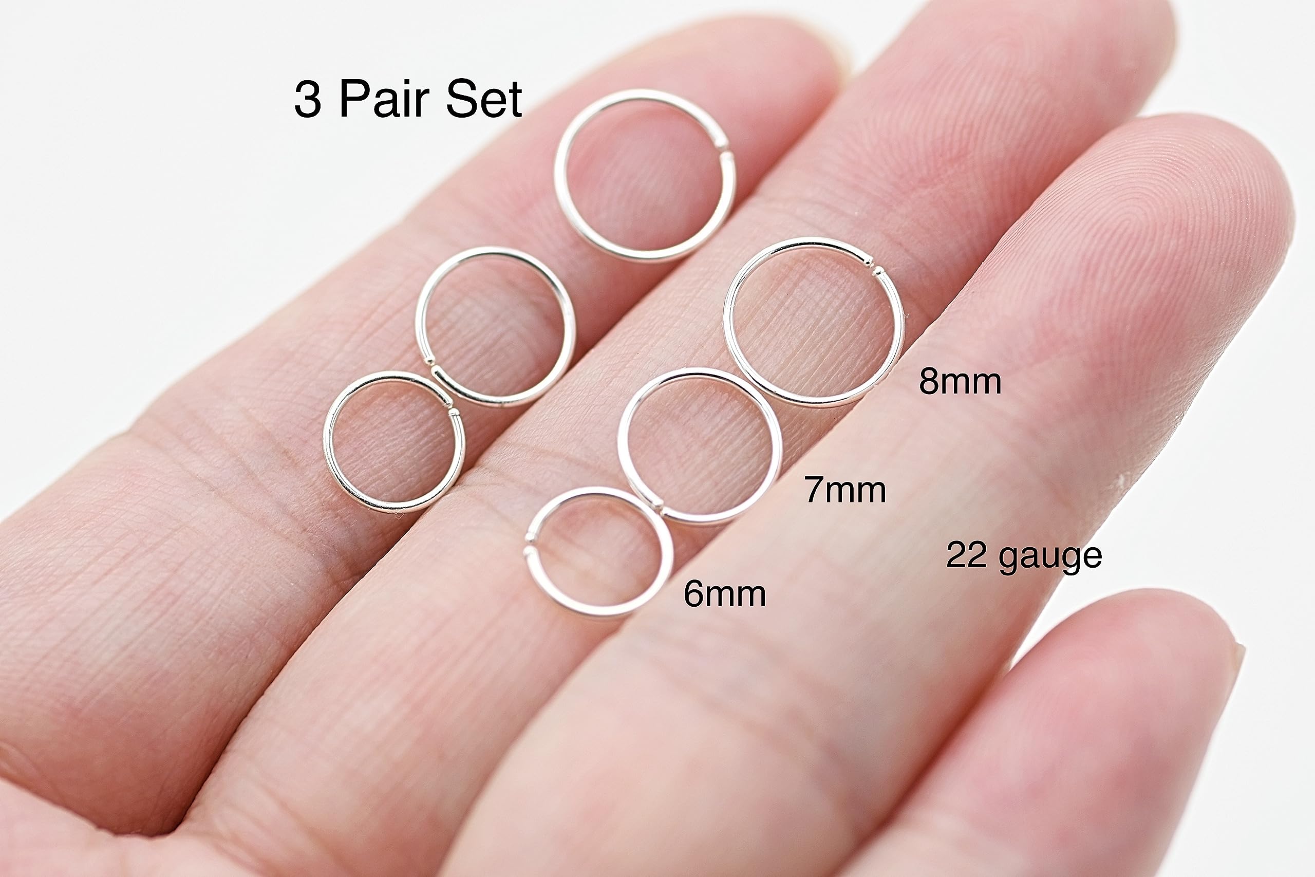 3 Pairs Handmade 925 Sterling Silver Nose Ring Hoop Small Hoop Earrings set for Cartilage Tragus Helix Multiple Piercing Jewelry 6mm 7mm 8mm