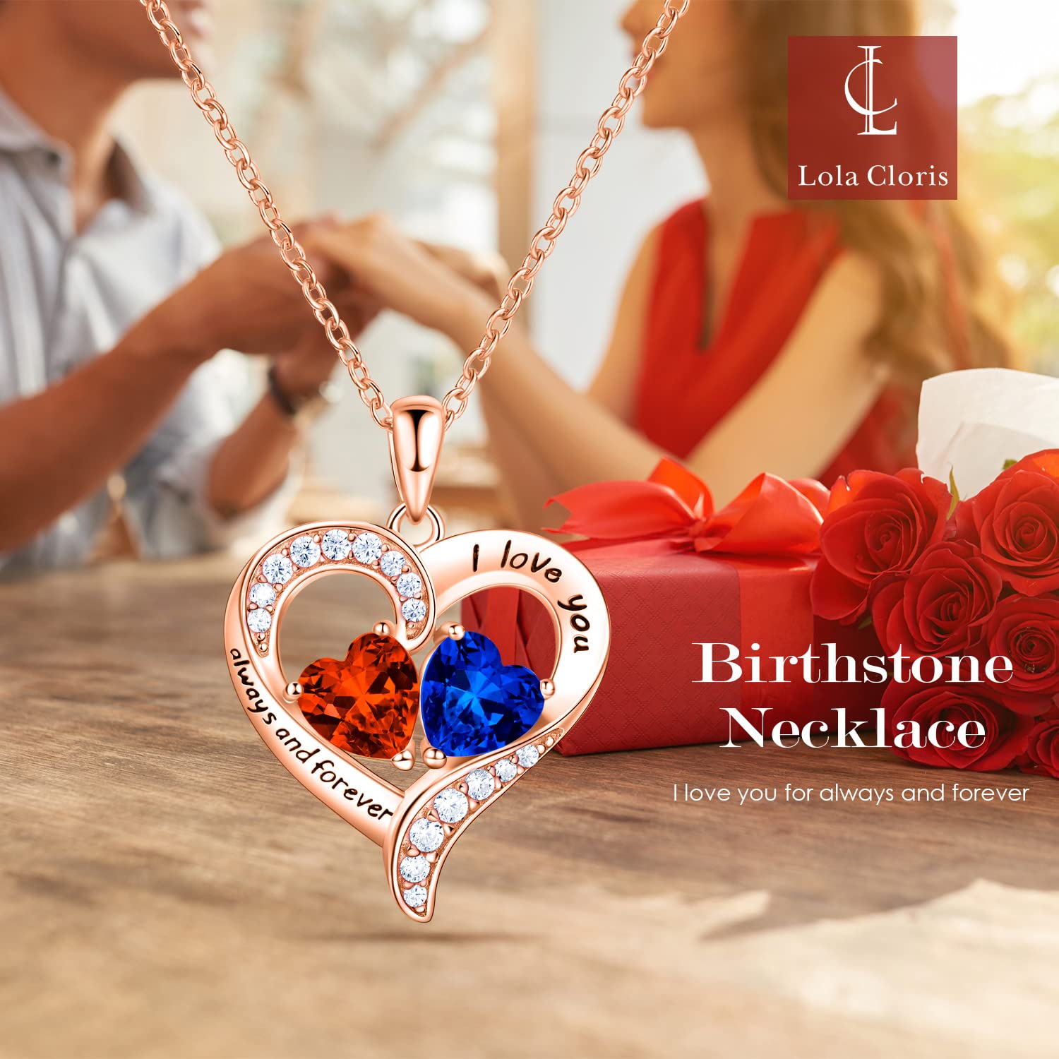 18K Rose Gold Heart Necklace, Birthstone Necklace Jewelry for Women with 2 Birthstones, Customized Gifts for Women Mom Wife Grandma Sister Friend, I Love You Always and Forever, Gold, Cubic Zirconia