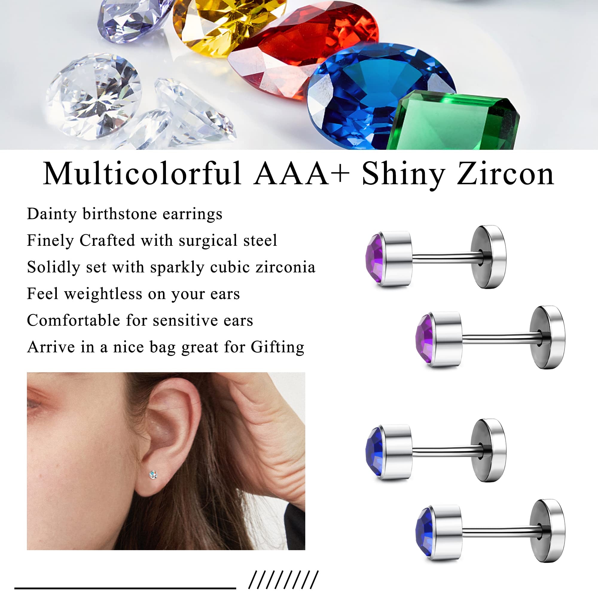 LOYALLOOK 14Pairs Stainless Steel CZ Stud Earrings for Women Men Multicolor Cubic Zirconia Flatback Earrings Pave Crystal Disco Ball Earrings with Flatback Cartilage Helix Earrings Set 20G Style A