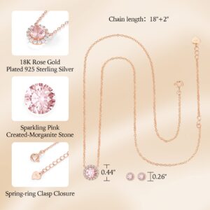 Gloffery 18K Rose Gold Plated 925 Sterling Silver Created-Morganite Round Solitaire Dainty Halo Pendant Necklace and Earrings Set for Women, Sterling Silver, created morganite