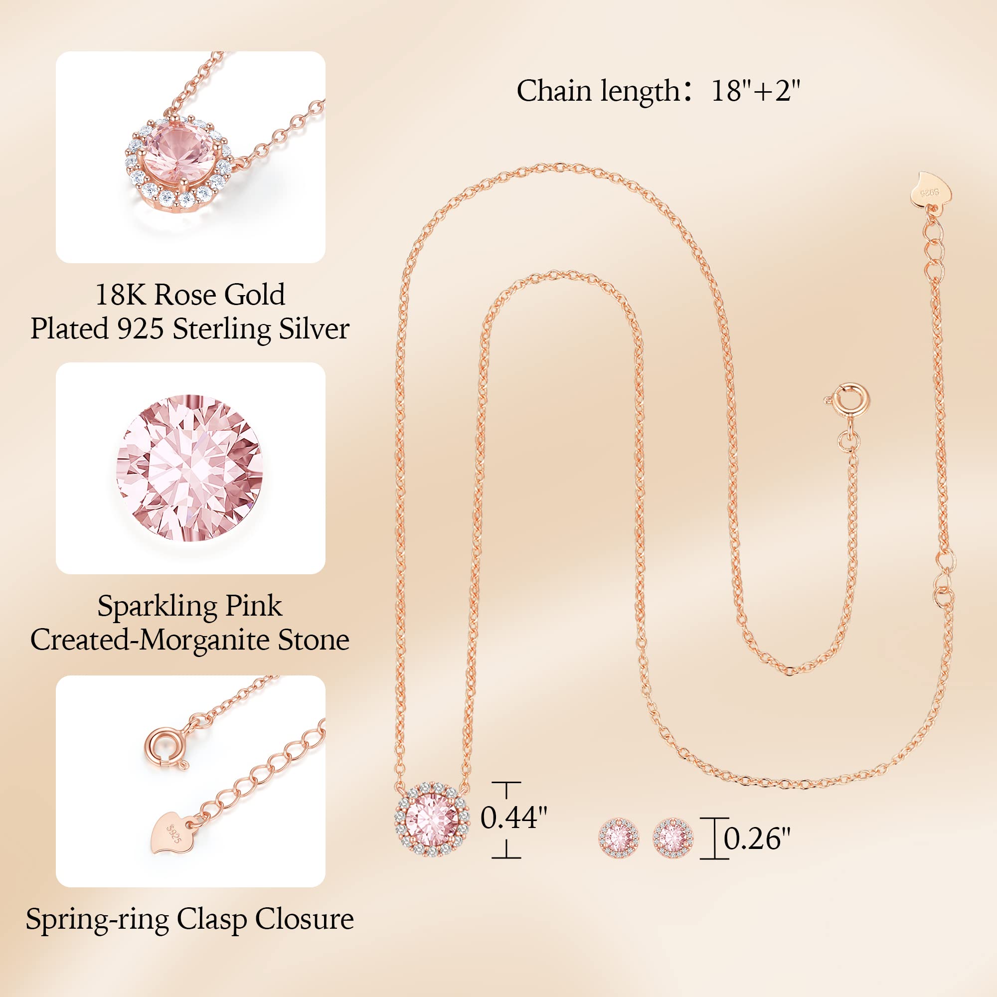 Gloffery 18K Rose Gold Plated 925 Sterling Silver Created-Morganite Round Solitaire Dainty Halo Pendant Necklace and Earrings Set for Women, Sterling Silver, created morganite