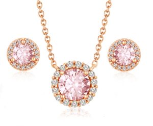 gloffery 18k rose gold plated 925 sterling silver created-morganite round solitaire dainty halo pendant necklace and earrings set for women, sterling silver, created morganite