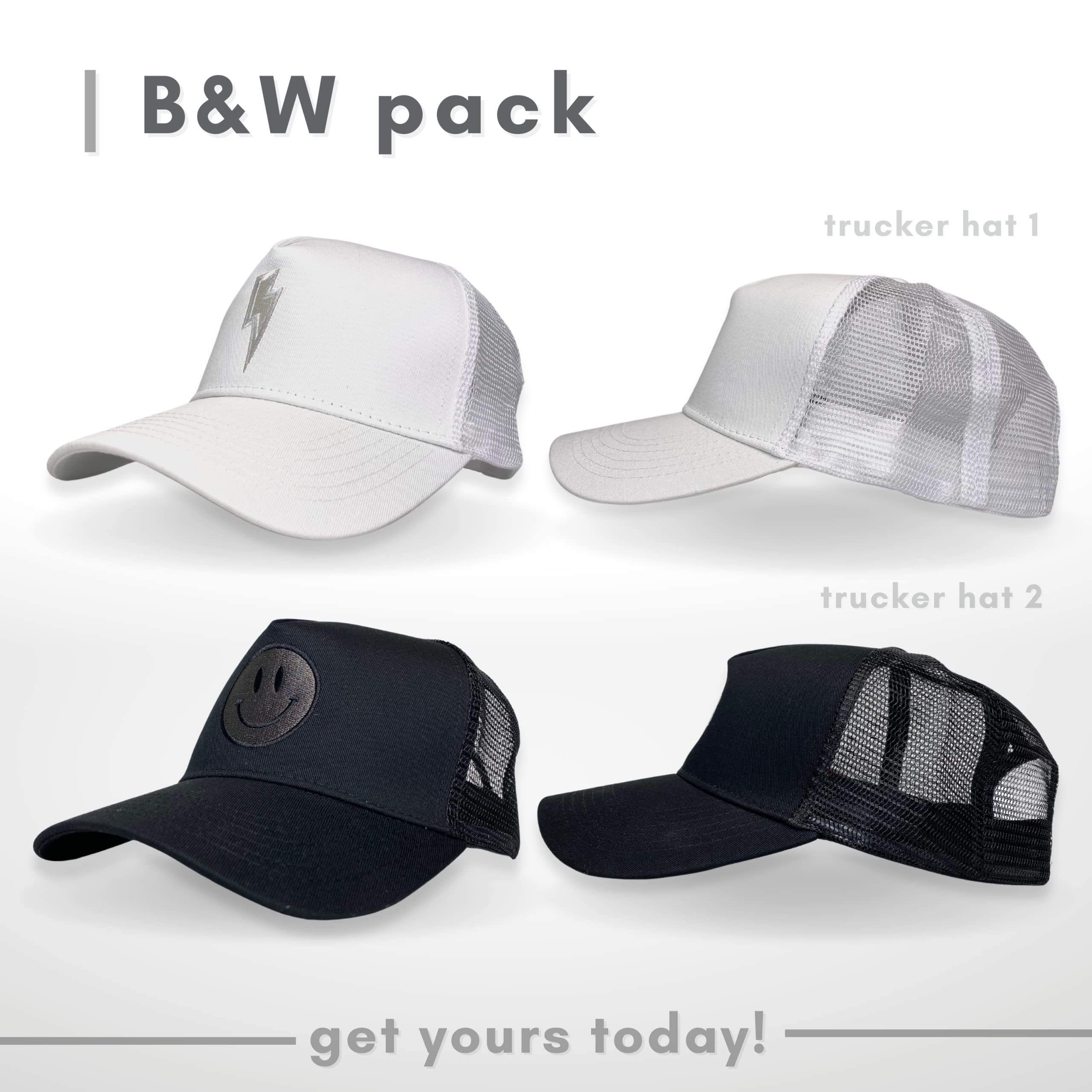 Trucker Hat - 2 Pack | Cotton Embroidered Cap | Smiley Face Hat | Preppy Trendy Vintage Retro Hats | Unisex Men Women Baseball Cap | Mesh Adjustable Snapback | Black + White | B&W Pack