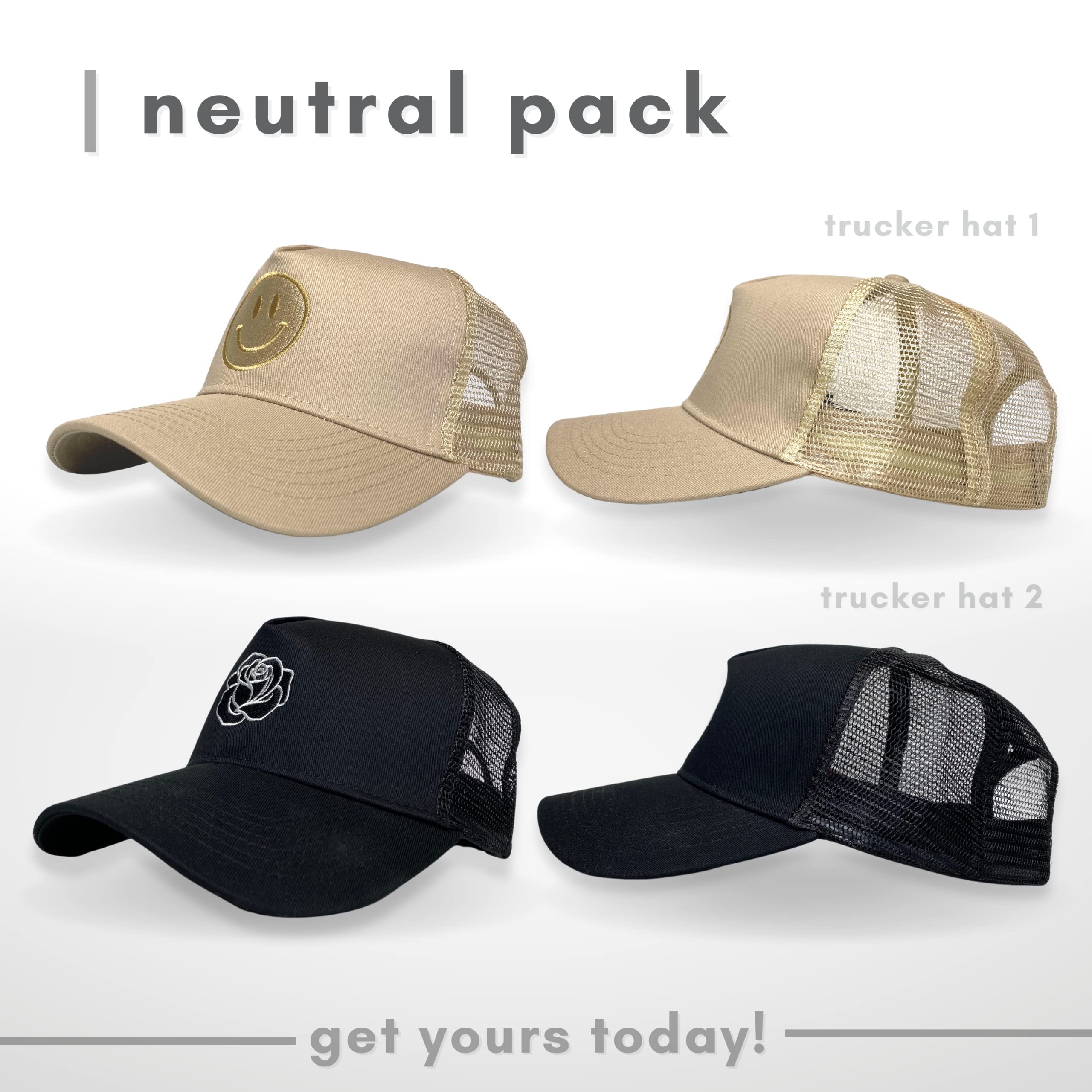 2-Pack Cotton Smiley Trucker Hats - Retro Unisex Baseball Caps, Tan & Black