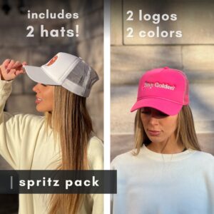 Trucker Hat - 2 Pack | Foam Embroidered Cap | Smiley Face Hat | Preppy Trendy Vintage Retro Trucker Hats | Unisex Men Women Baseball Cap | Mesh Adjustable Snapback | White + Pink | Spritz Pack