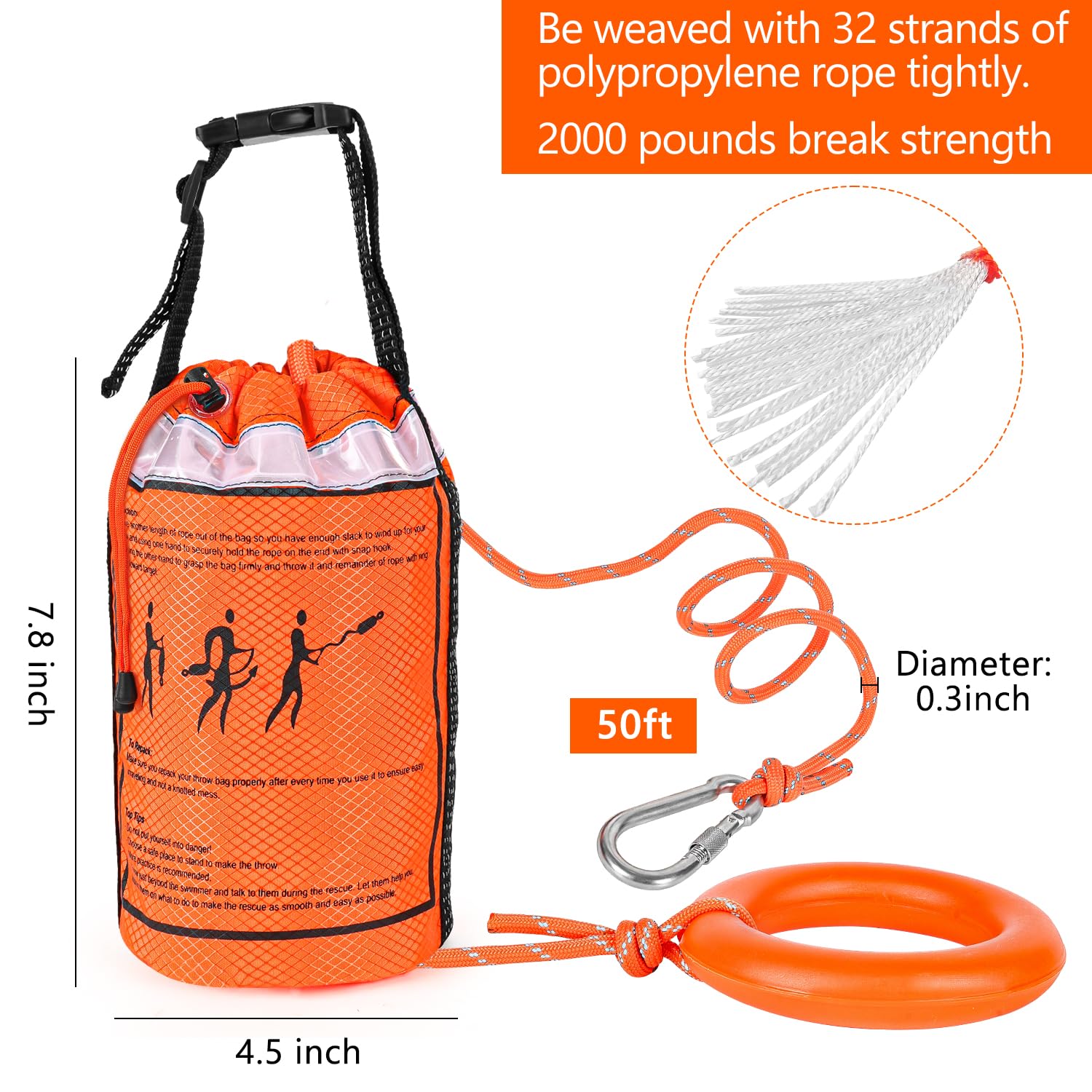 AnKun Water Rescue Throw Bag with 50FT Length of Rope in 3/10In Tensile Strength Rated to 2000lbs, Emergency Rescue Rope for Kayaking, Boating, Fishing, Rafting, High Visibility Safety Equipment