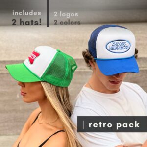 Trucker Hat - 2 Pack | Foam Embroidered Baseball Cap | Smiley Face Preppy Trendy Vintage Retro | Unisex Men Women | Mesh Adjustable Snapback | Green + Blue