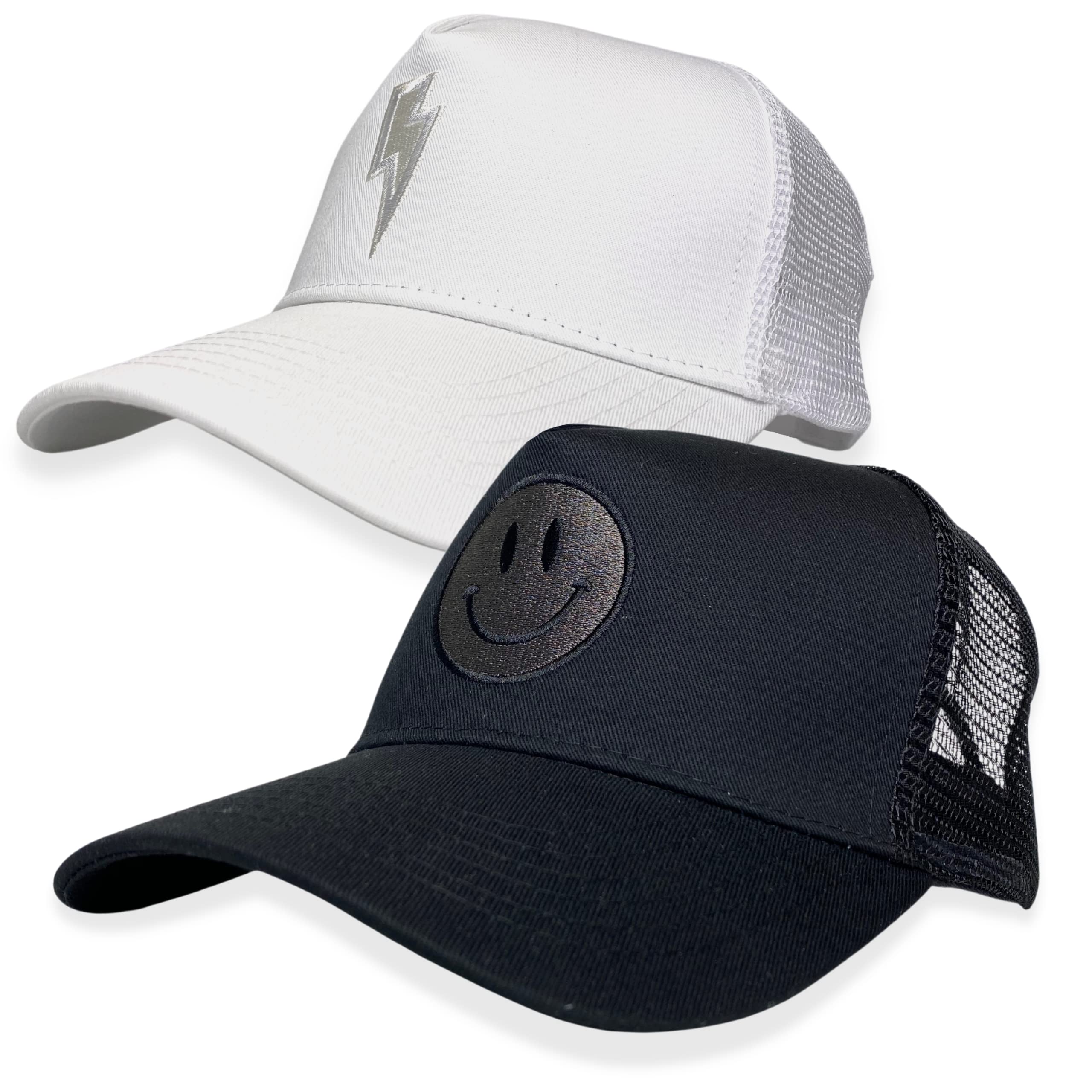 Trucker Hat - 2 Pack | Cotton Embroidered Cap | Smiley Face Hat | Preppy Trendy Vintage Retro Hats | Unisex Men Women Baseball Cap | Mesh Adjustable Snapback | Black + White | B&W Pack