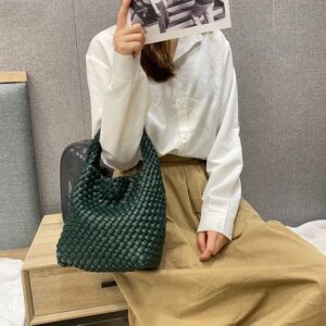 Handmade Woven Shoulder Bags for Women Cute Hobo Tote Handbag Mini Clutch Purse with Magnetic Buckle Crossbody Phone Bag (Dark Green)